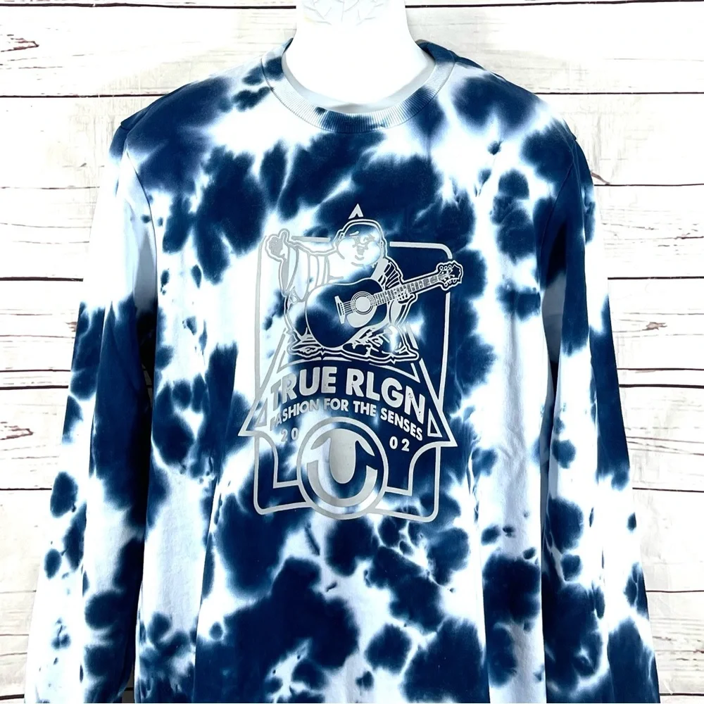 True Religion Sweatshirt Men's Size XL Blue‎ Tie Dye Buddha Crewneck